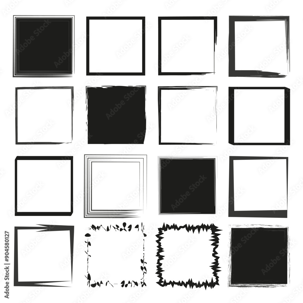Black and white frames. Grunge border variations. Decorative square edges. Vector collection. Black and white frames. Grunge border variations. Decorative square edges. Vector collection.
