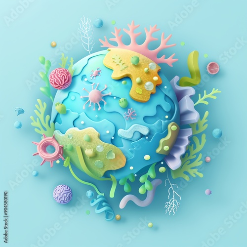 3D globe, displaying macrophage activity with marine cells and plants, flat design illustration