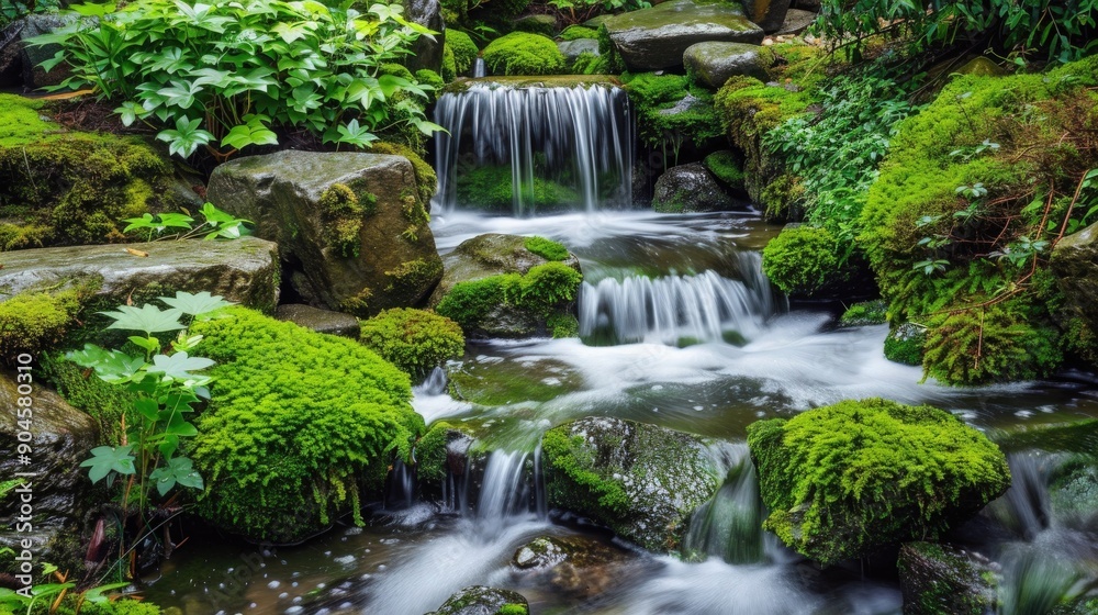 Naklejka premium A tranquil scene of a cascading stream surrounded by lush green moss and rocks, ideal for relaxation and nature enthusiasts.