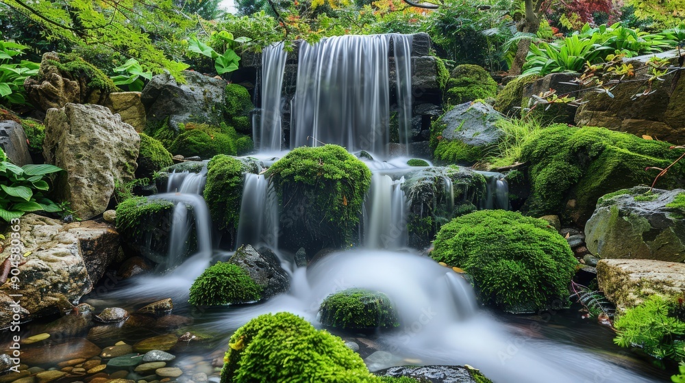 Naklejka premium A tranquil waterfall cascading over rocks, surrounded by lush greenery and vibrant moss, creating a serene natural paradise.