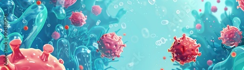 Macrophage in action, amidst cells, small molecules, and oceanic plants, flat design illustration photo