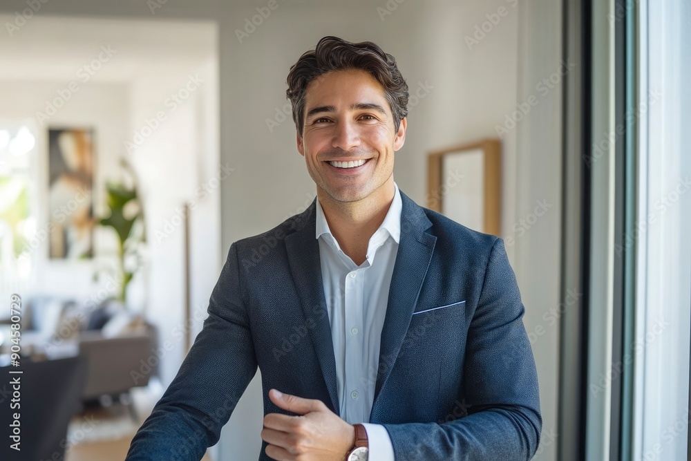Male real estate agent with handshake smiling in white real estate room apartment home , ai Male real estate agent with handshake smiling in white real estate room apartment home , ai