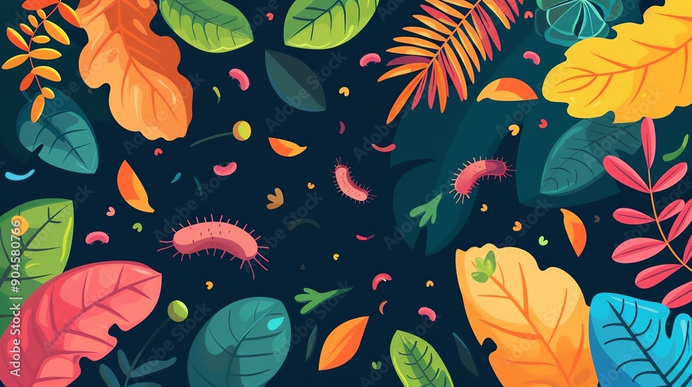 Garden ecosystem, bacteria interacting with flora and falling leaves, flat design illustration