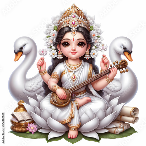 Cute illustration of Goddess Saraswati devi with veena in her hand sitting on white lotus with 2 swans, Happy Vasant Panchami Indian festival Hinduism with copy space photo