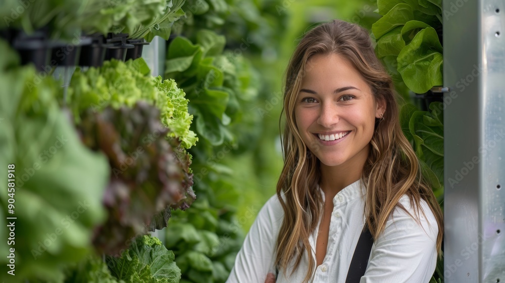 A modern indoor farm with vertical hydroponic towers growing a variety of leafy greens and herbs A modern indoor farm with vertical hydroponic towers growing a variety of leafy greens and herbs