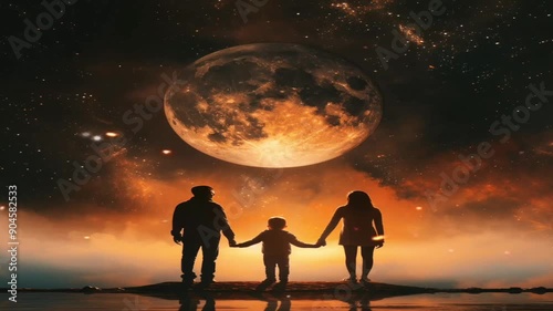 Affection between a small family holding each other tightly looking at the sky with a panoramic view of space, the concept of family harmony and harmony