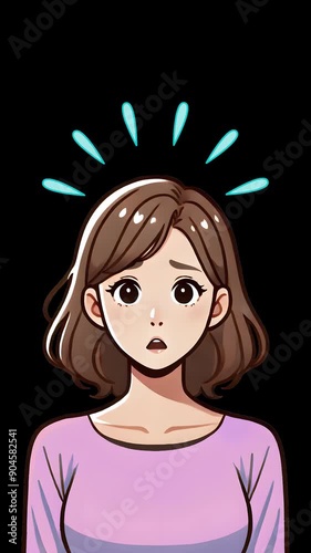 Taken aback. A surprised and confused young woman. Sweat drops jumping out above her head. A common expression in Japanese manga animation.　Transparent background.