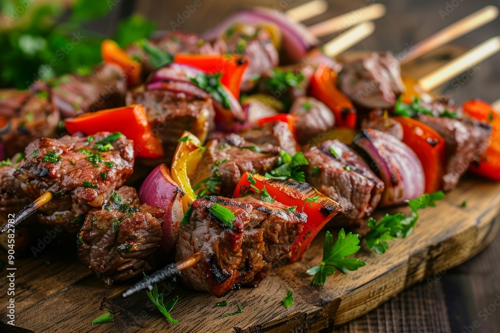 Close-up of delicious grilled meat skewers with colorful vegetables Close-up of delicious grilled meat skewers with colorful vegetables