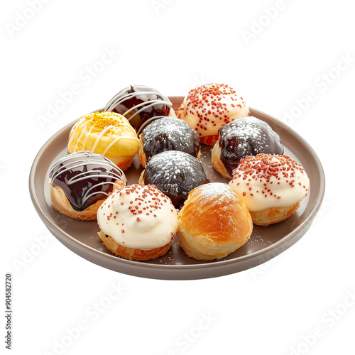 A variety of delicious donuts with different toppings on a plate. Perfect for a sweet treat or dessert indulgence, ideal for food photography., transparent background photo