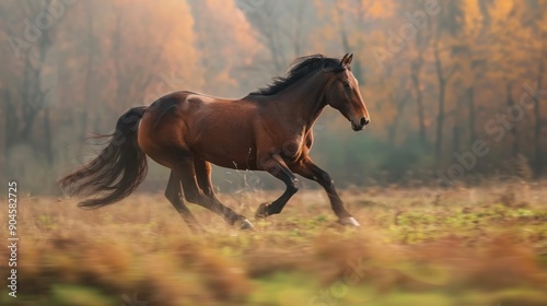 Bay Horse Running Through an Autumnal Forest
