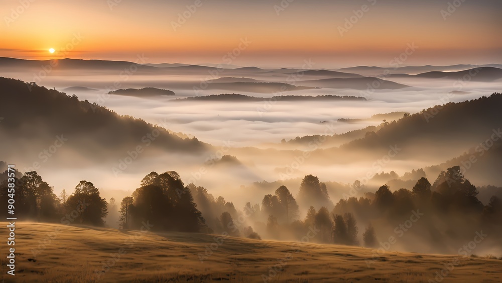 Obraz premium The sun rising over foggy hills, casting a soft light over the misty landscape
