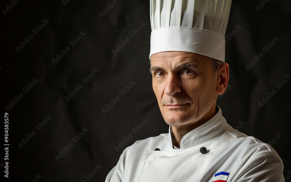 Professional Chef. Portrait male chef with cook hat, white uniform. Portrait of an old Italian or French chef, standing in the kitchen, restaurant, cooking class, cooking school. Realistic style photo Professional Chef. Portrait male chef with cook hat, white uniform. Portrait of an old Italian or French chef, standing in the kitchen, restaurant, cooking class, cooking school. Realistic style photo