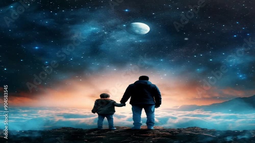 Affection between a small family holding each other tightly looking at the sky with a panoramic view of space, the concept of family harmony and harmony