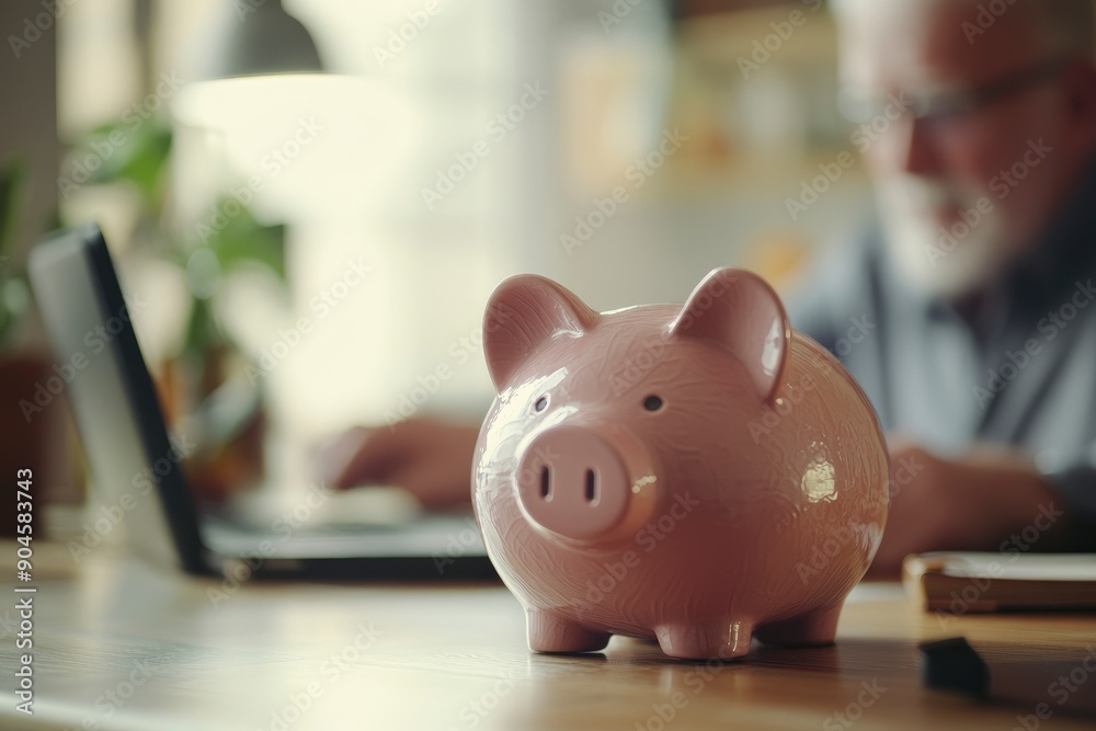 Piggy bank standing on desk with blurred retired man using laptop and doing accounting in background , ai Piggy bank standing on desk with blurred retired man using laptop and doing accounting in background , ai