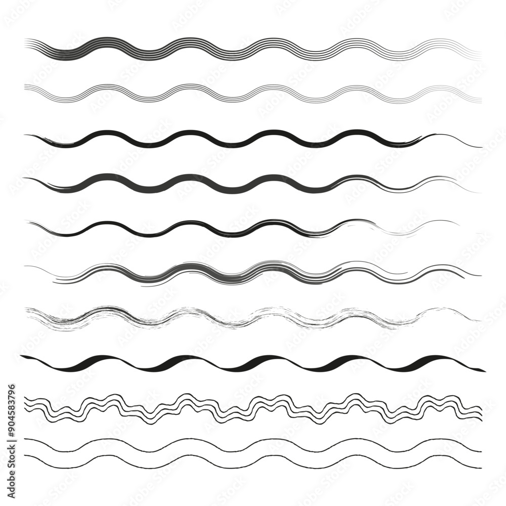 Wavy line set. Black and white. Abstract decorative lines. Vector graphic.