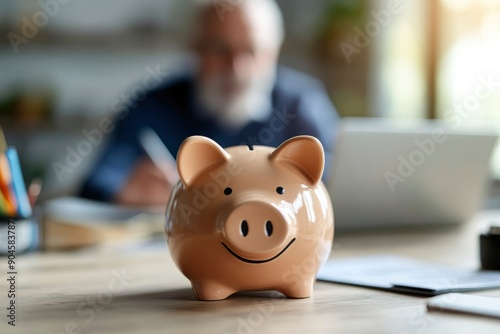 Wallpaper Mural Piggy bank standing on desk with blurred retired man using laptop and doing accounting in background , ai Torontodigital.ca