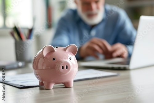 Wallpaper Mural Piggy bank standing on desk with blurred retired man using laptop and doing accounting in background , ai Torontodigital.ca