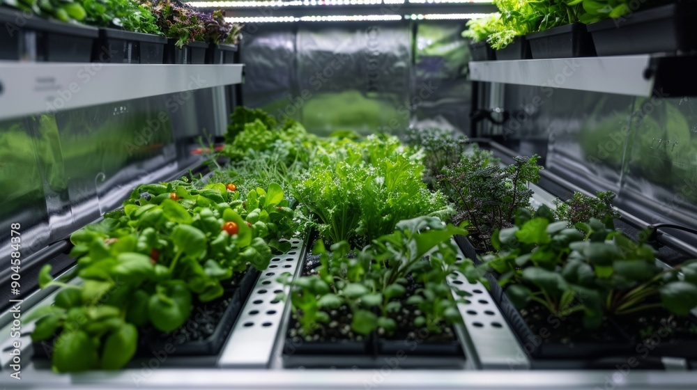 An advanced hydroponic setup with automated nutrient delivery systems growing various vegetables and herbs An advanced hydroponic setup with automated nutrient delivery systems growing various vegetables and herbs
