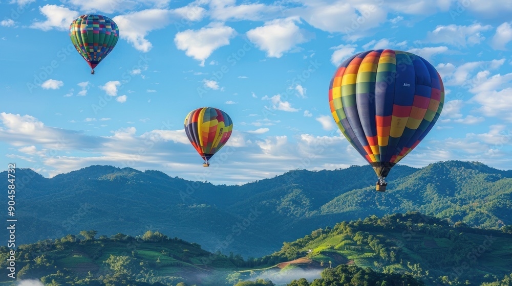 Naklejka premium Hot Air Balloons Soaring Over Mountains