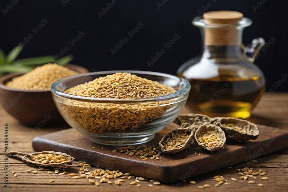 Sesame Oil with Sesame Pods: A glass bowl of sesame seeds and sesame bottle on a wooden table. Sesame Oil with Sesame Pods: A glass bowl of sesame seeds and sesame bottle on a wooden table.