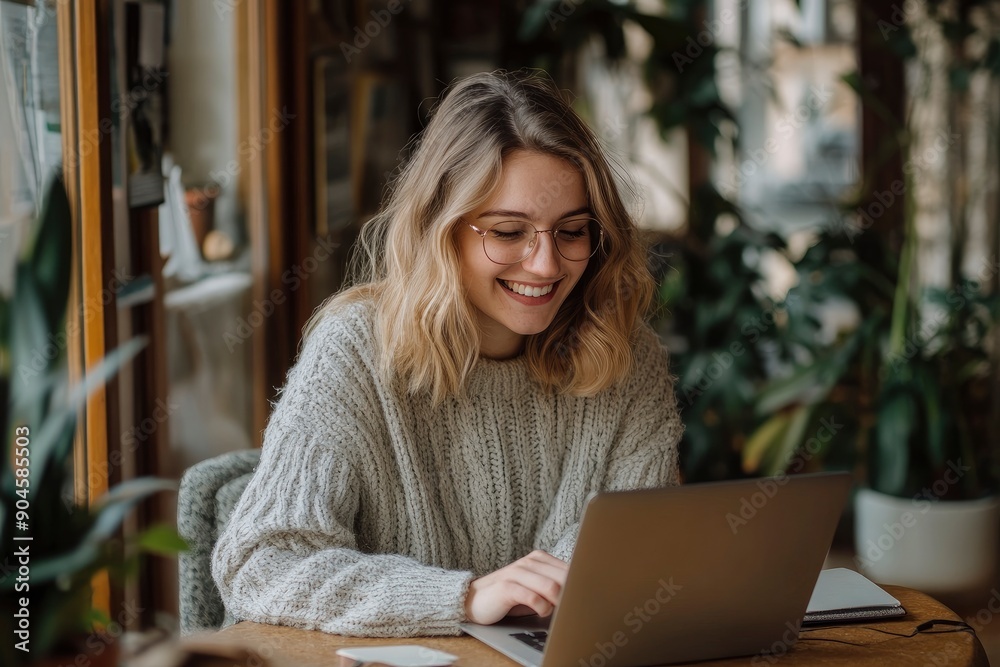 Smiling woman making notes during online lesson or meeting on laptop , ai Smiling woman making notes during online lesson or meeting on laptop , ai