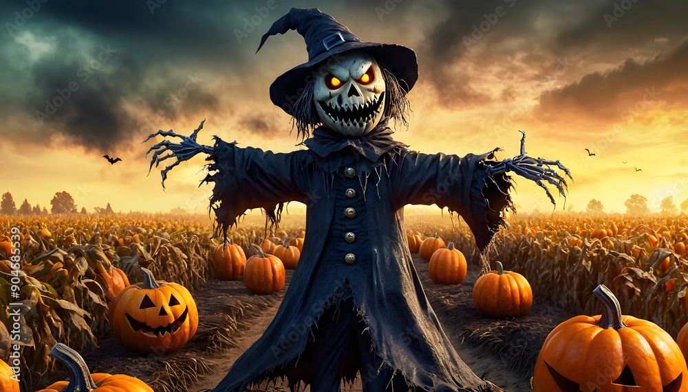 Obraz premium A spooky scarecrow in a pumpkin field under a moon. The scarecrow wears a tattered black robe and a witch's hat, with a sinister grin and glowing eyes. Bats fly in the cloudy sky. Halloween Concept.