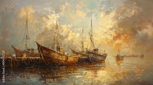 Fishing boats anchored at the pier, with the early morning light casting a golden glow over the scene