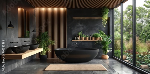 Modern Bathroom with Black Tub and Wooden Accents