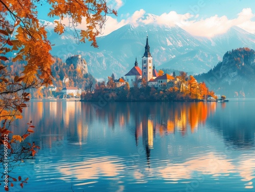 Lake Bled, Slovenia, Church on Island, Autumn Landscape
