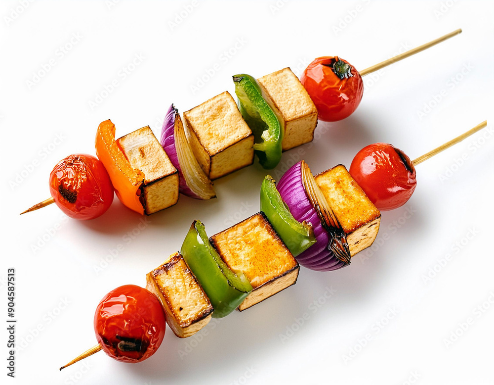 Two colorful healthy grilled smoked tofu and vegetable kebabs on wooden skewers with cherry tomatoes, peppers and onions on a white background. Two colorful healthy grilled smoked tofu and vegetable kebabs on wooden skewers with cherry tomatoes, peppers and onions on a white background.