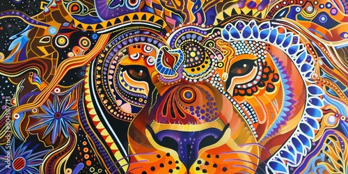 An surreal dreamlike illustration of a lion with colorful swirls and shapes. 