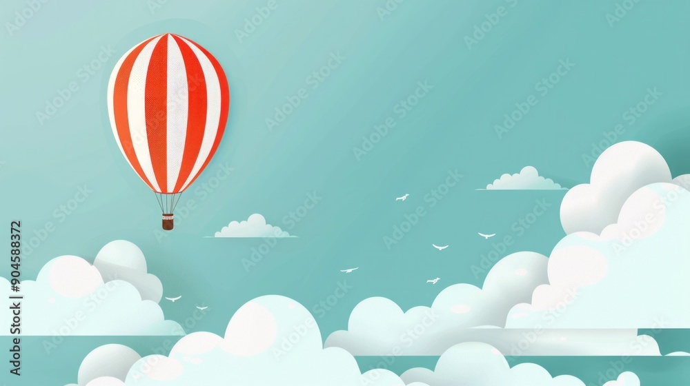 Travel adventure red and white hot air balloon flying through clouds and birds in the sky Travel adventure red and white hot air balloon flying through clouds and birds in the sky