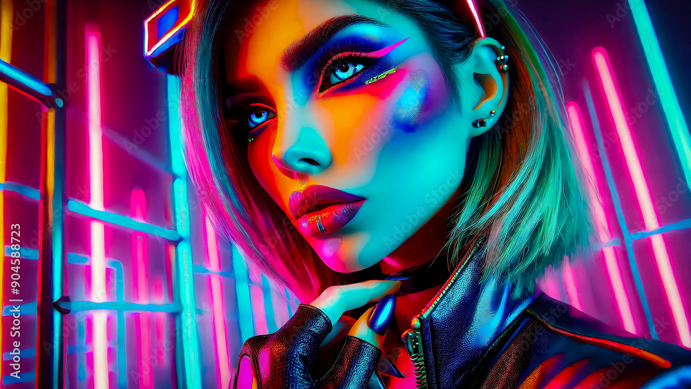 Obraz premium Cyberpunk Beauty: Woman Illuminated by Neon Lights in Futuristic Setting