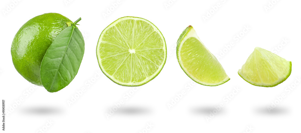 Fresh lime isolated on white, collage. Whole, half and slices Fresh lime isolated on white, collage. Whole, half and slices