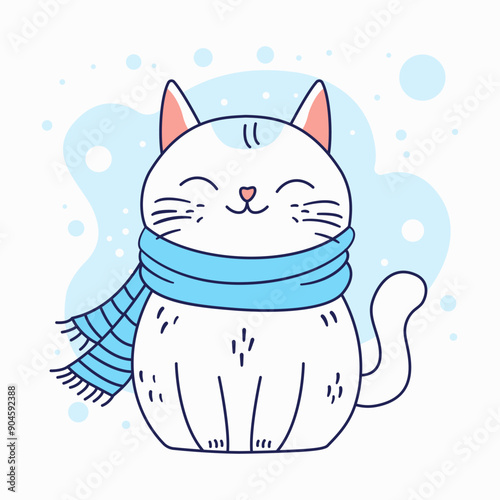 Cute Cat Cartoon Wearing Blue Scarf in Snow Winter Season with Smile Expression