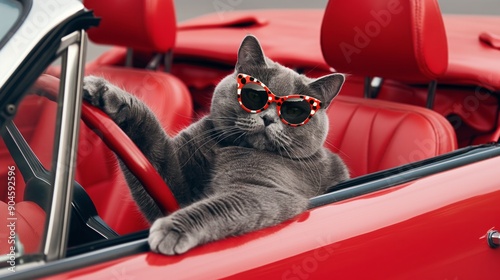 A gray cat in sunglasses sits in the driver's seat of a car