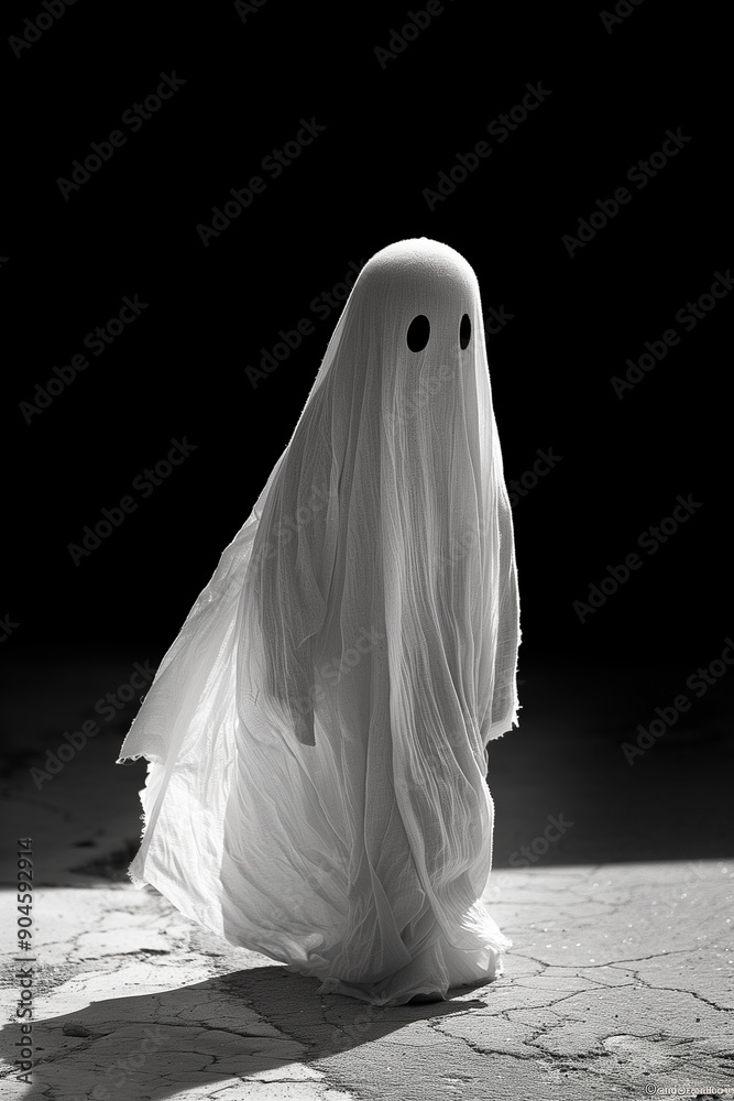 A ghostly figure in a white sheet stands in a dark room A ghostly figure in a white sheet stands in a dark room