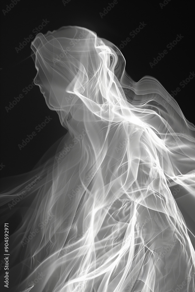 A ghostly figure is depicted in a black and white photo with smoke A ghostly figure is depicted in a black and white photo with smoke