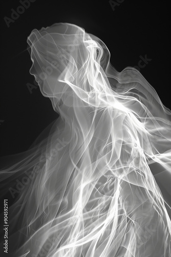 A ghostly figure is depicted in a black and white photo with smoke