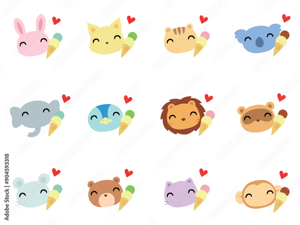 Fototapeta premium アイスクリームと動物の顔 アイコンセット