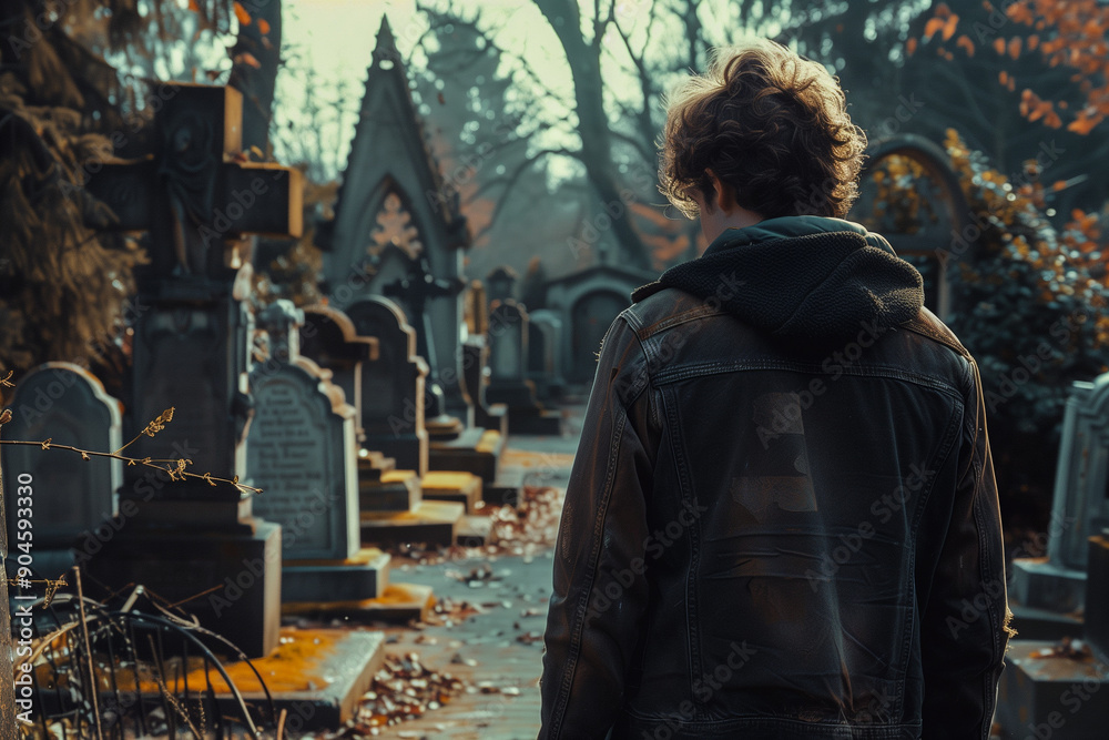 A man is walking through a cemetery, wearing a jacket and a hoodie A man is walking through a cemetery, wearing a jacket and a hoodie