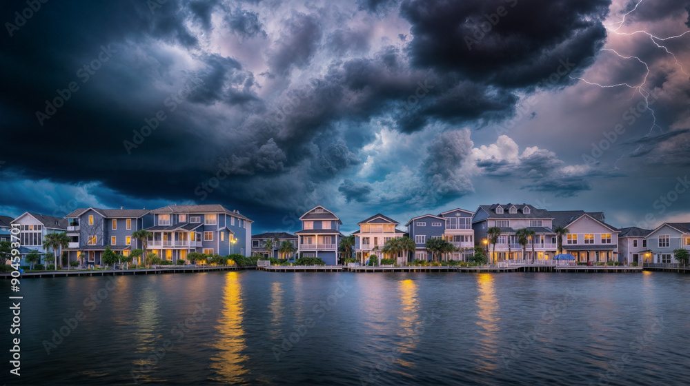 Wide-angle landscape photo of a row of colorful houses by a calm waterfront Wide-angle landscape photo of a row of colorful houses by a calm waterfront