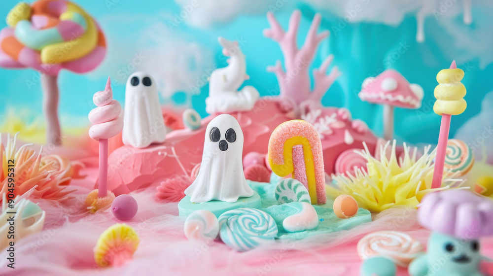 Halloween-themed DIY project with a pastel candy land theme. Show off foam clay candies, lollipops, and ghost-like decorations in a playful and cute setting. Halloween-themed DIY project with a pastel candy land theme. Show off foam clay candies, lollipops, and ghost-like decorations in a playful and cute setting.