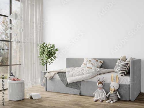 Free PNG blank Wall Interior Mockup . Kid room wall poster mockup. Modern style interior background. 3D render	 photo