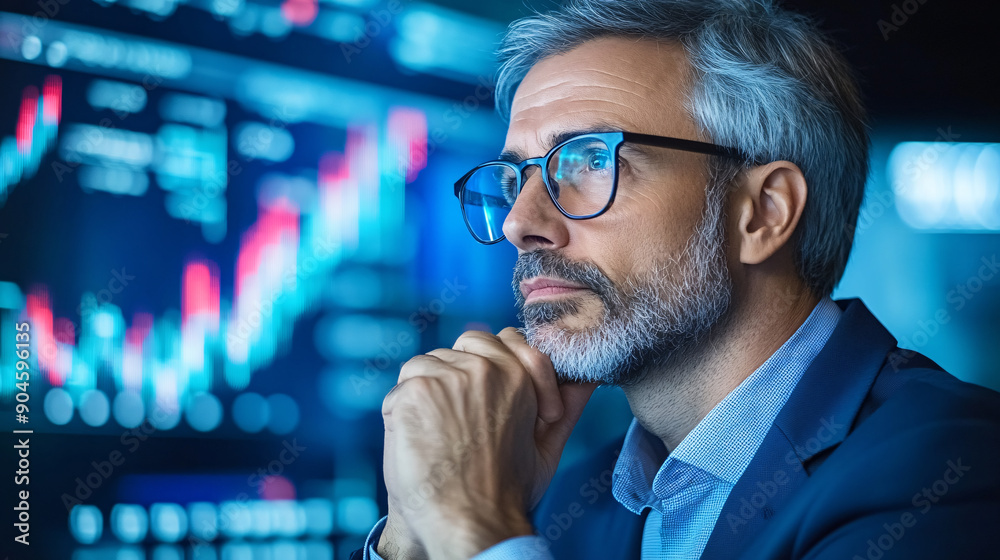 A man wearing glasses is looking at a computer screen with a lot of numbers and graphs. He is deep in thought, possibly analyzing the data or making a decision based on the information displayed A man wearing glasses is looking at a computer screen with a lot of numbers and graphs. He is deep in thought, possibly analyzing the data or making a decision based on the information displayed