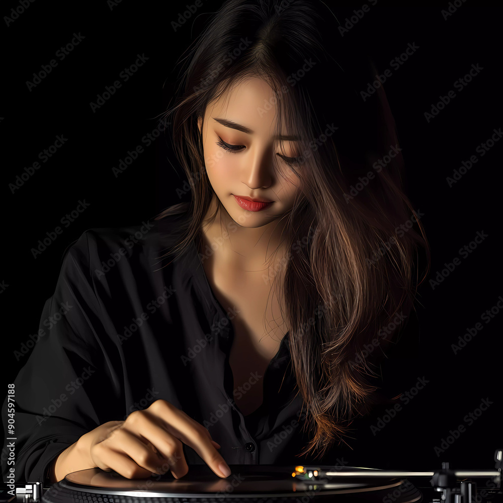 Naklejka premium Generative AI Asian young beautiful woman playing turn table