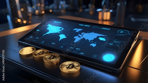 high-tech scene featuring a digital cryptocurrency wallet interface on a futuristic touchscreen device.