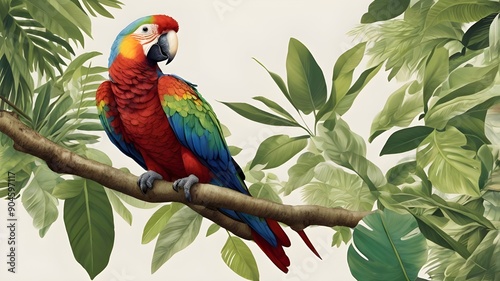 a vibrant tropical parrot perched on a lush, green jungle branch.