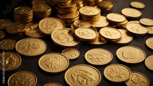 a collection of gold coins scattered across a dark velvet surface.