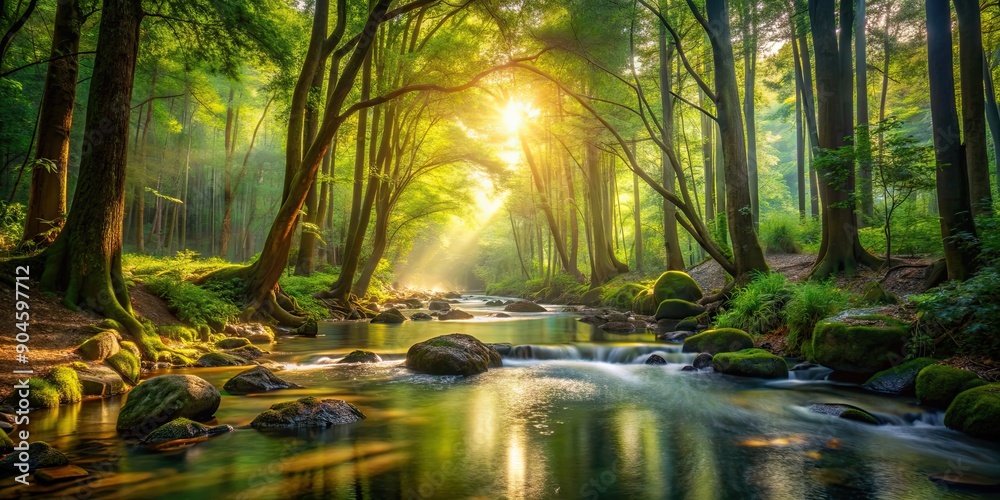 Obraz premium Tranquil forest stream with sunlight filtering through the trees , nature, peaceful, flowing water, serenity